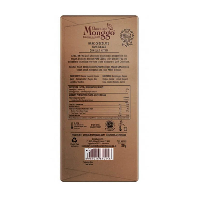 Chocolate Monggo - Chocolate Tablet Dark 58% of Cocoa 80Gr (24/Carton)