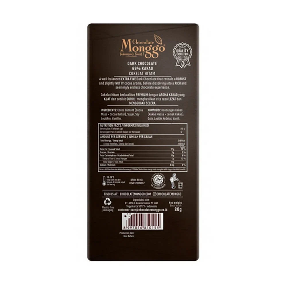 Chocolate Monggo - Chocolate Tablet Dark 69% of Cocoa 80Gr (24/Carton)