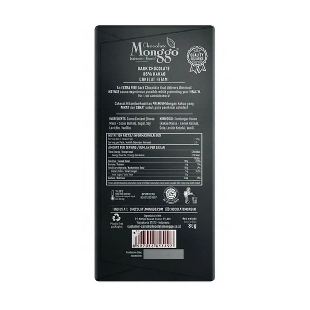 Chocolate Monggo - Chocolate Tablet Dark 86% of Cocoa 80Gr (24/Carton)
