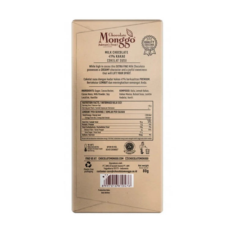 Chocolate Monggo - Chocolate Tablet Milk 41% of Cocoa 80Gr (24/Carton)